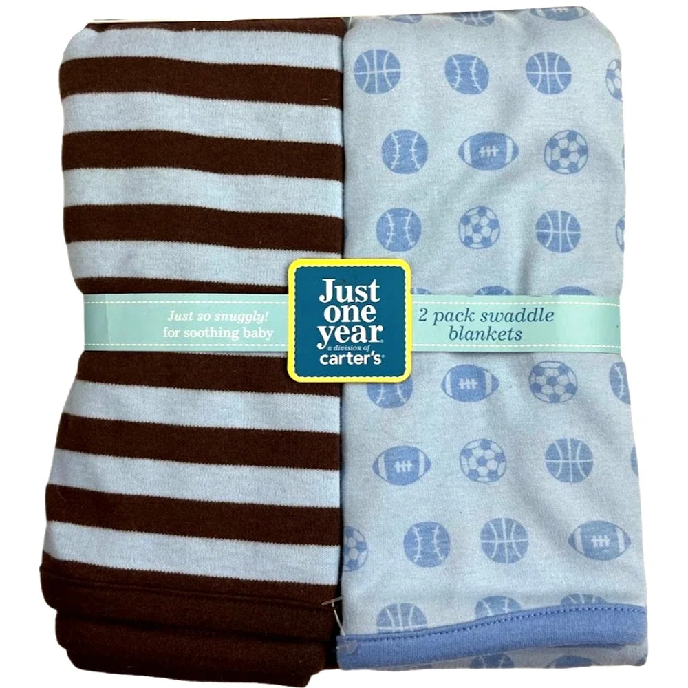 Carter's Just One Year Baby Swaddle Blanket Blue Sports Brown Stripe Stretchy